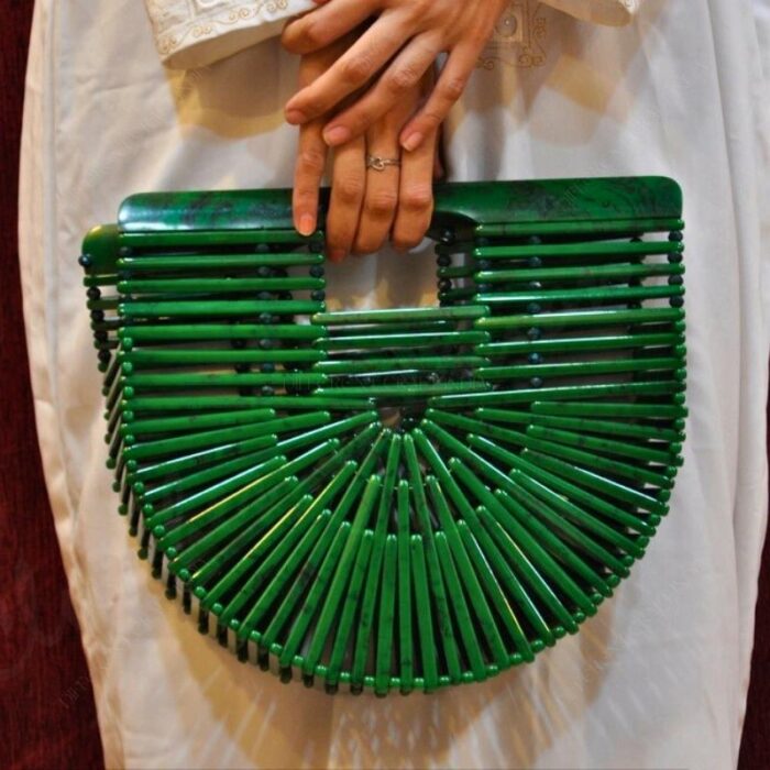 Designer Green Ark Bag - Elegant Resin Strip Clutch with Unique Open-Structure Design