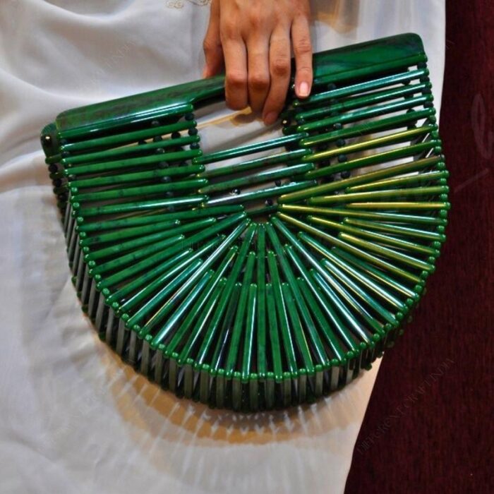 Designer Green Ark Bag - Elegant Resin Strip Clutch with Unique Open-Structure Design