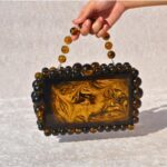 Elegant Cheetah Print Beaded Clutch with 75 Resin Beads, Marble-Like Texture & Detachable Handle