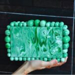 Elegant Green Beaded Clutch with 75 Resin Beads, Marble-Like Texture & Detachable Handle