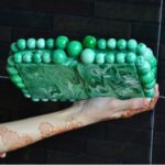 Elegant Green Beaded Clutch with 75 Resin Beads, Marble-Like Texture & Detachable Handle