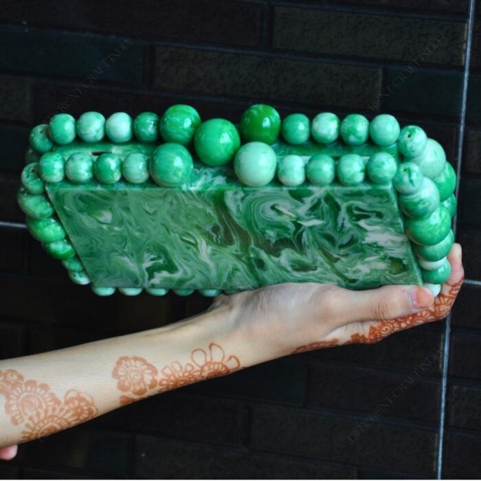 Elegant Green Beaded Clutch with 75 Resin Beads, Marble-Like Texture & Detachable Handle