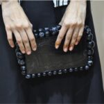 Elegant Black Beaded Clutch with 75 Resin Beads, Marble-Like Texture & Detachable Handle