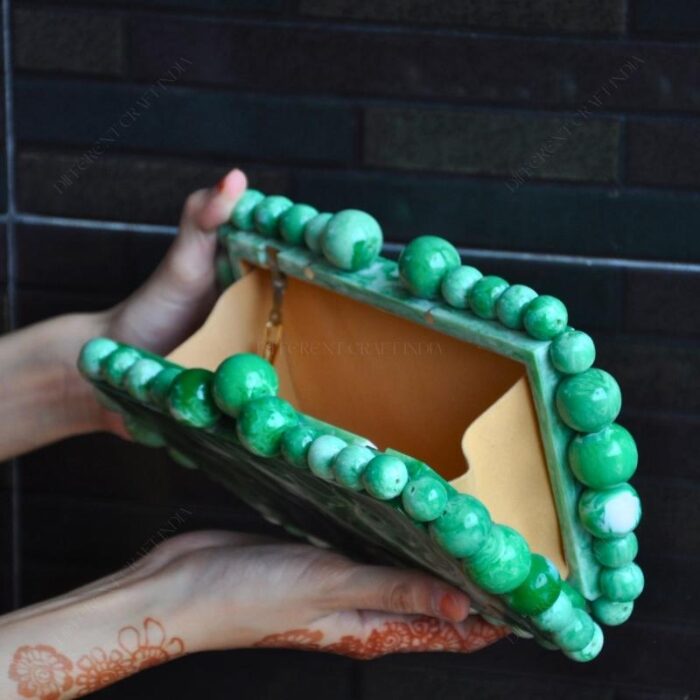 Elegant Green Beaded Clutch with 75 Resin Beads, Marble-Like Texture & Detachable Handle