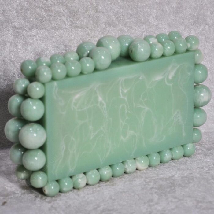 Elegant Light Green Beaded Clutch with 75 Resin Beads, Marble-Like Texture & Detachable Handle