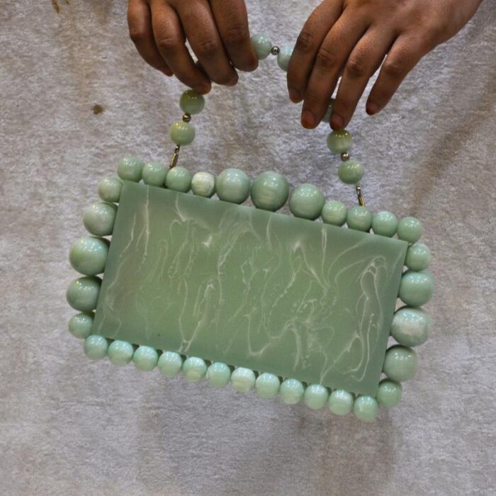 Elegant Light Green Beaded Clutch with 75 Resin Beads, Marble-Like Texture & Detachable Handle