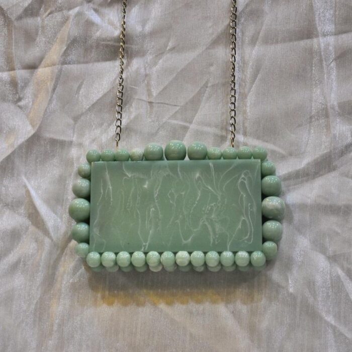 Elegant Light Green Beaded Clutch with 75 Resin Beads, Marble-Like Texture & Detachable Handle