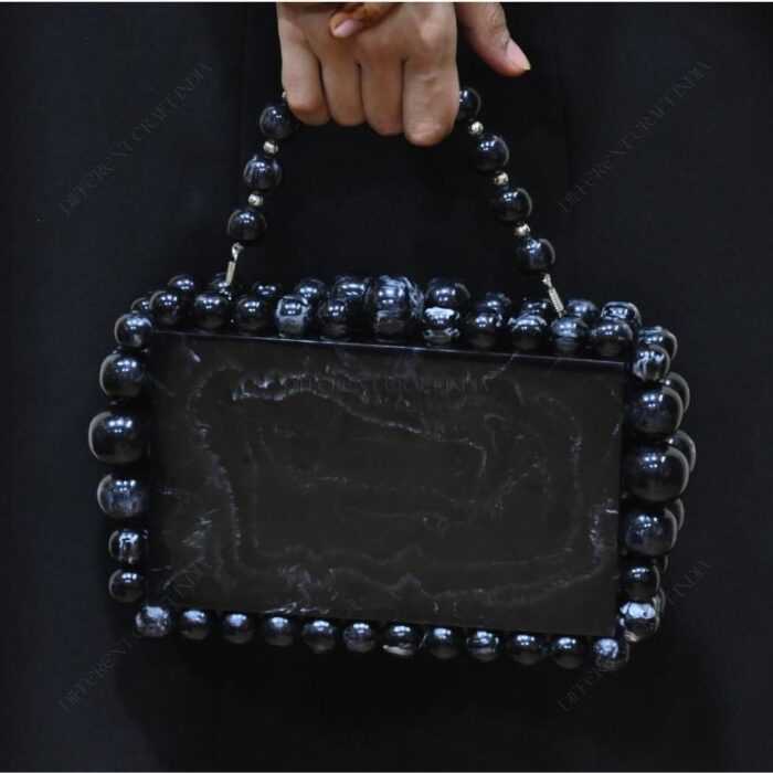 Elegant Black Beaded Clutch with 75 Resin Beads, Marble-Like Texture & Detachable Handle