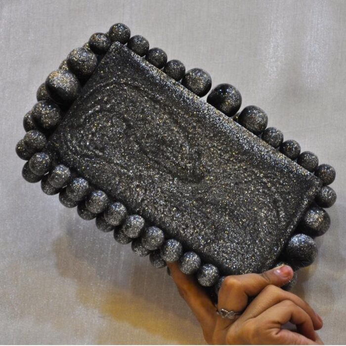 Elegant silver glitter Beaded Clutch with 75 Resin Beads, Marble-Like Texture & Detachable Handle