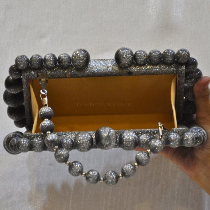 Elegant silver glitter Beaded Clutch with 75 Resin Beads, Marble-Like Texture & Detachable Handle