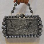 Elegant silver glitter Beaded Clutch with 75 Resin Beads, Marble-Like Texture & Detachable Handle