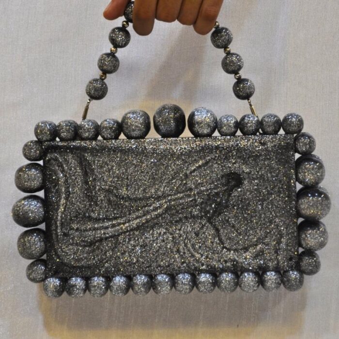 Elegant silver glitter Beaded Clutch with 75 Resin Beads, Marble-Like Texture & Detachable Handle