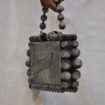 Elegant silver glitter Beaded Clutch with 75 Resin Beads, Marble-Like Texture & Detachable Handle