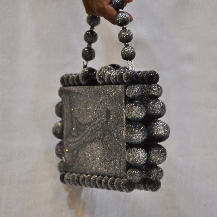 Elegant silver glitter Beaded Clutch with 75 Resin Beads, Marble-Like Texture & Detachable Handle