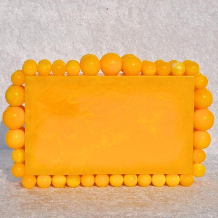 Elegant Yellow Beaded Clutch with 75 Resin Beads, Marble-Like Texture & Detachable Handle