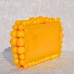 Elegant Yellow Beaded Clutch with 75 Resin Beads, Marble-Like Texture & Detachable Handle