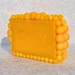 Elegant Yellow Beaded Clutch with 75 Resin Beads, Marble-Like Texture & Detachable Handle