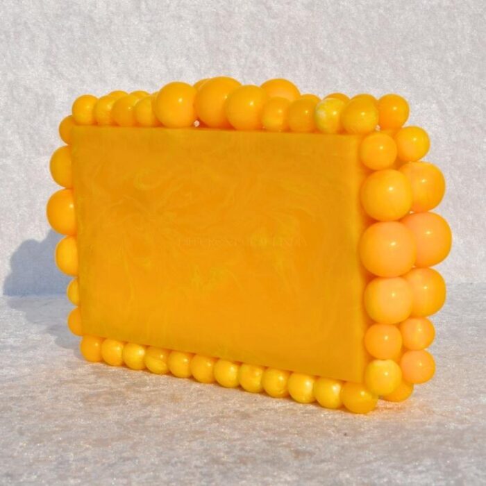 Elegant Yellow Beaded Clutch with 75 Resin Beads, Marble-Like Texture & Detachable Handle