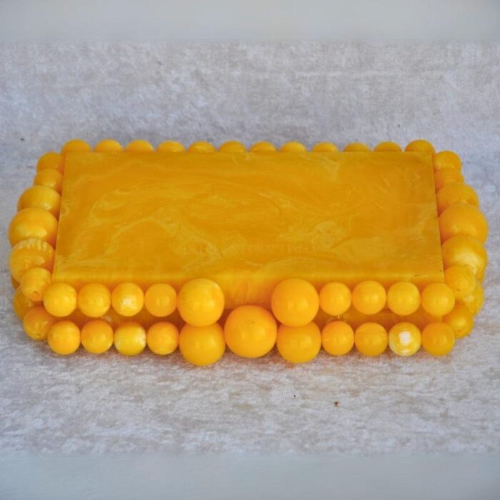 Elegant Yellow Beaded Clutch with 75 Resin Beads, Marble-Like Texture & Detachable Handle