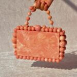 Elegant Pink Beaded Clutch with 75 Resin Beads, Marble-Like Texture & Detachable Handle