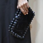 Elegant Black Beaded Clutch with 75 Resin Beads, Marble-Like Texture & Detachable Handle