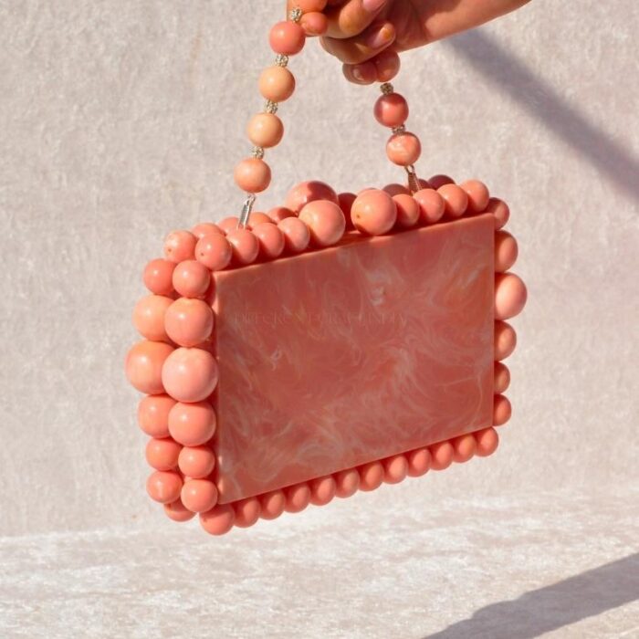 Elegant Pink Beaded Clutch with 75 Resin Beads, Marble-Like Texture & Detachable Handle