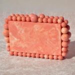 Elegant Pink Beaded Clutch with 75 Resin Beads, Marble-Like Texture & Detachable Handle