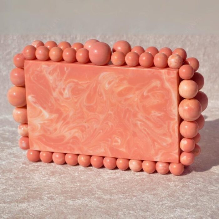 Elegant Pink Beaded Clutch with 75 Resin Beads, Marble-Like Texture & Detachable Handle