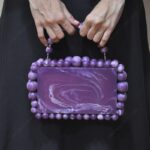 Elegant Purple Beaded Clutch with 75 Resin Beads, Marble-Like Texture & Detachable Handle