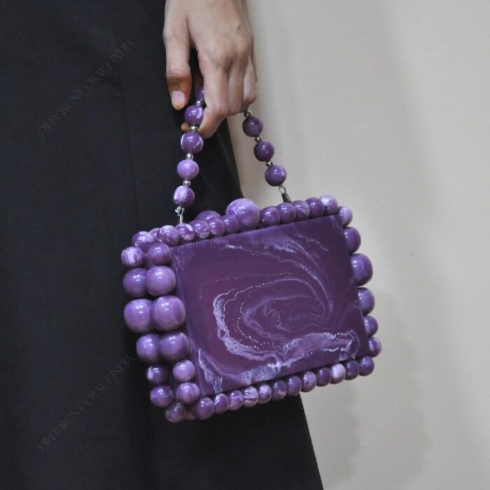 Elegant Purple Beaded Clutch with 75 Resin Beads, Marble-Like Texture & Detachable Handle