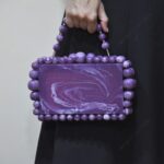 Elegant Purple Beaded Clutch with 75 Resin Beads, Marble-Like Texture & Detachable Handle