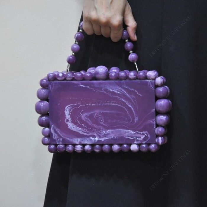 Elegant Purple Beaded Clutch with 75 Resin Beads, Marble-Like Texture & Detachable Handle