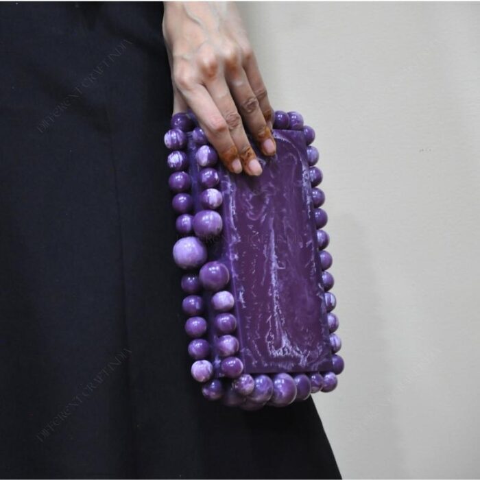 Elegant Purpl Beaded Clutch with 75 Resin Beads, Marble-Like Texture & Detachable Handle