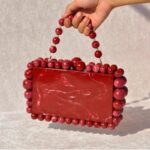 Elegant Red Beaded Clutch with 75 Resin Beads, Marble-Like Texture & Detachable Handle