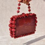 Elegant Red Beaded Clutch with 75 Resin Beads, Marble-Like Texture & Detachable Handle