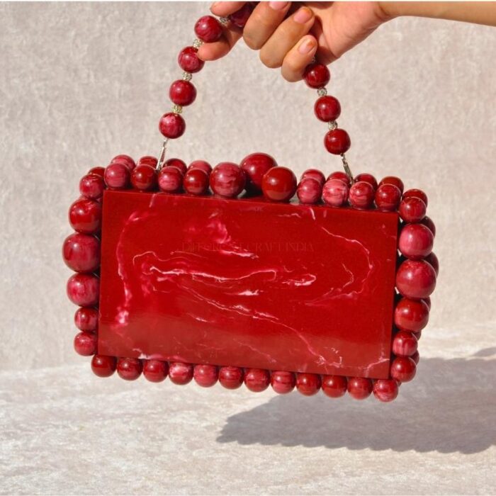 Elegant Red Beaded Clutch with 75 Resin Beads, Marble-Like Texture & Detachable Handle