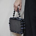 Elegant Black Beaded Clutch with 75 Resin Beads, Marble-Like Texture & Detachable Handle