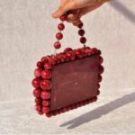 Elegant Red Beaded Clutch with 75 Resin Beads, Marble-Like Texture & Detachable Handle