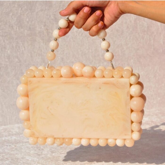 Elegant Off White Beaded Clutch with 75 Resin Beads, Marble-Like Texture & Detachable Handle