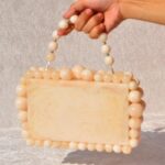 Elegant Off White Beaded Clutch with 75 Resin Beads, Marble-Like Texture & Detachable Handle