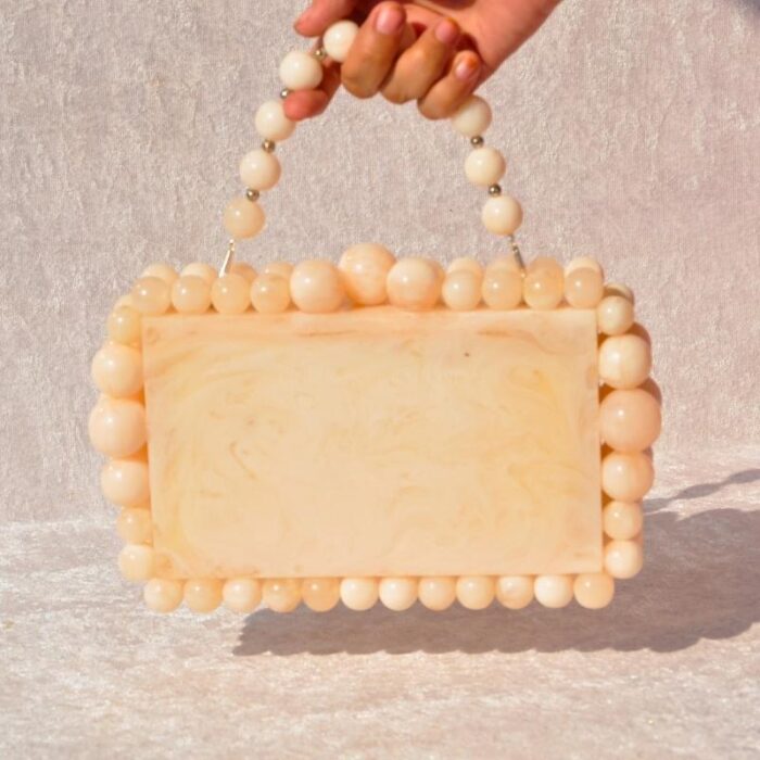 Elegant Off White Beaded Clutch with 75 Resin Beads, Marble-Like Texture & Detachable Handle