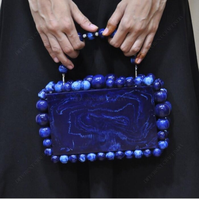 Elegant Blue Beaded Clutch with 75 Resin Beads, Marble-Like Texture & Detachable Handle