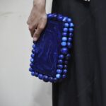 Elegant Blue Beaded Clutch with 75 Resin Beads, Marble-Like Texture & Detachable Handle