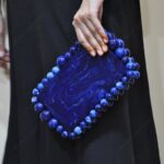 Elegant Blue Beaded Clutch with 75 Resin Beads, Marble-Like Texture & Detachable Handle