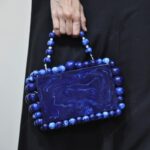 Elegant Blue Beaded Clutch with 75 Resin Beads, Marble-Like Texture & Detachable Handle