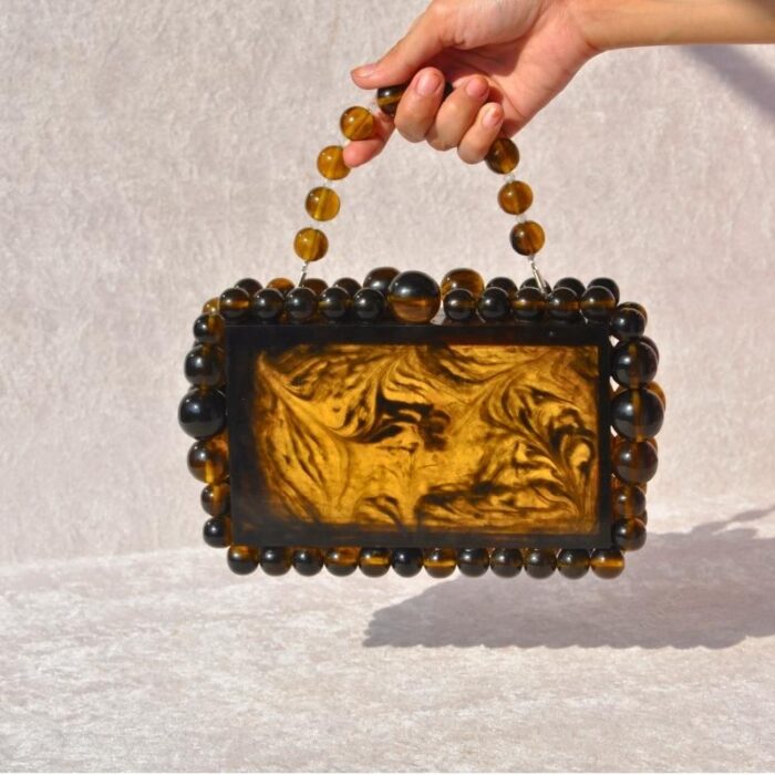 Elegant Cheetah Print Beaded Clutch with 75 Resin Beads, Marble-Like Texture & Detachable Handle