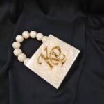 Custom Mini Resin Initial Clutch with Engraved Gold Glitter Lettering & Beaded Handle