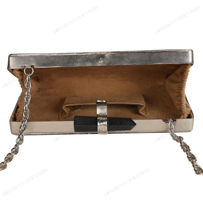 Interior view of Natural labradorite gemstone clutch showcasing strap and interior