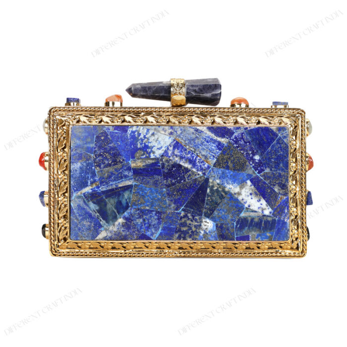 Rare lapis lazuli gemstone handbag with side-adorned gold frame and quartz crystal knob