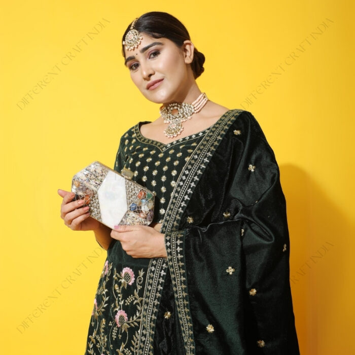 Lifestyle shot of White and Abalone Mother-of-Pearl Handbag with Gemstones Under Decorative Wire Wrapping